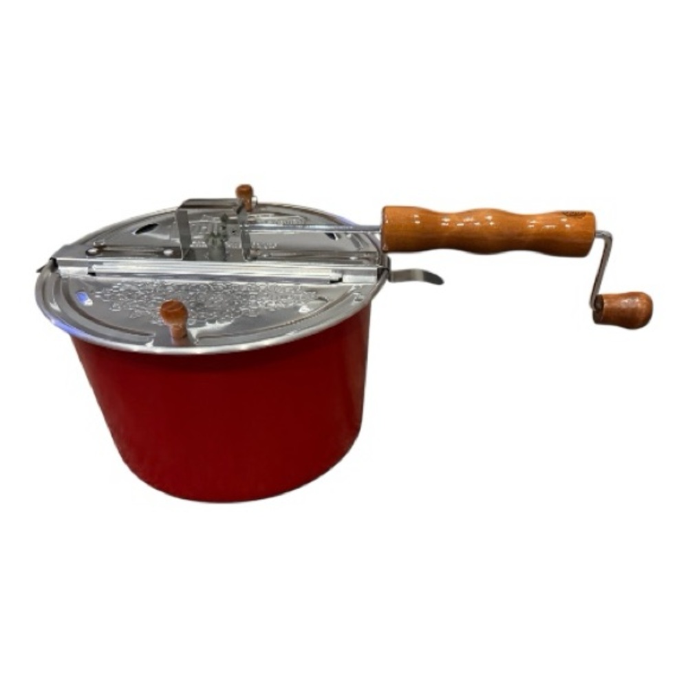 Crate & Barrel Red stovetop Popcorn Popper with Wooden Handle 6 qt